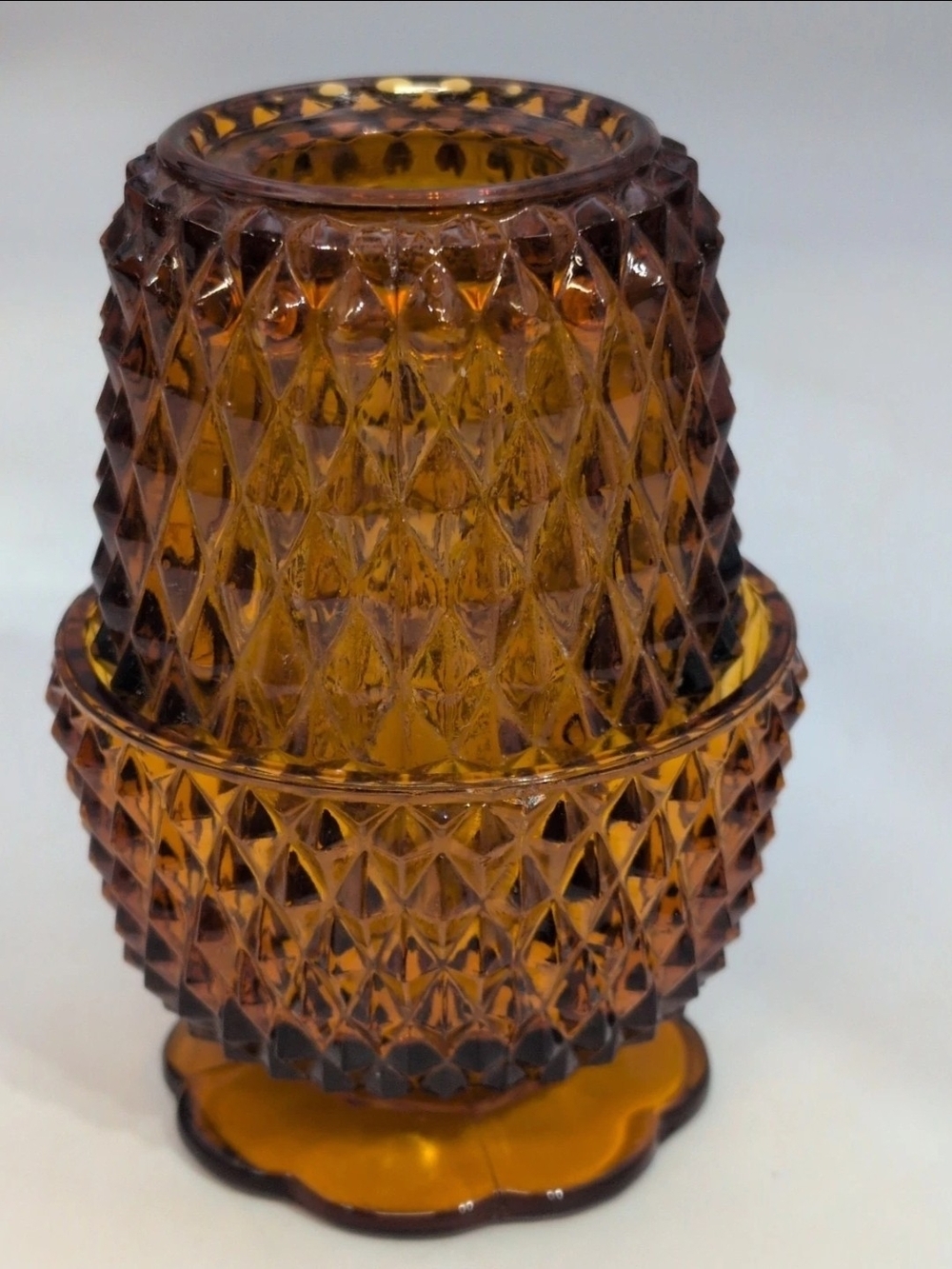 Vintage Indiana Glass Diamond Pattern Amber  Fairy Lamp  Candle Holder